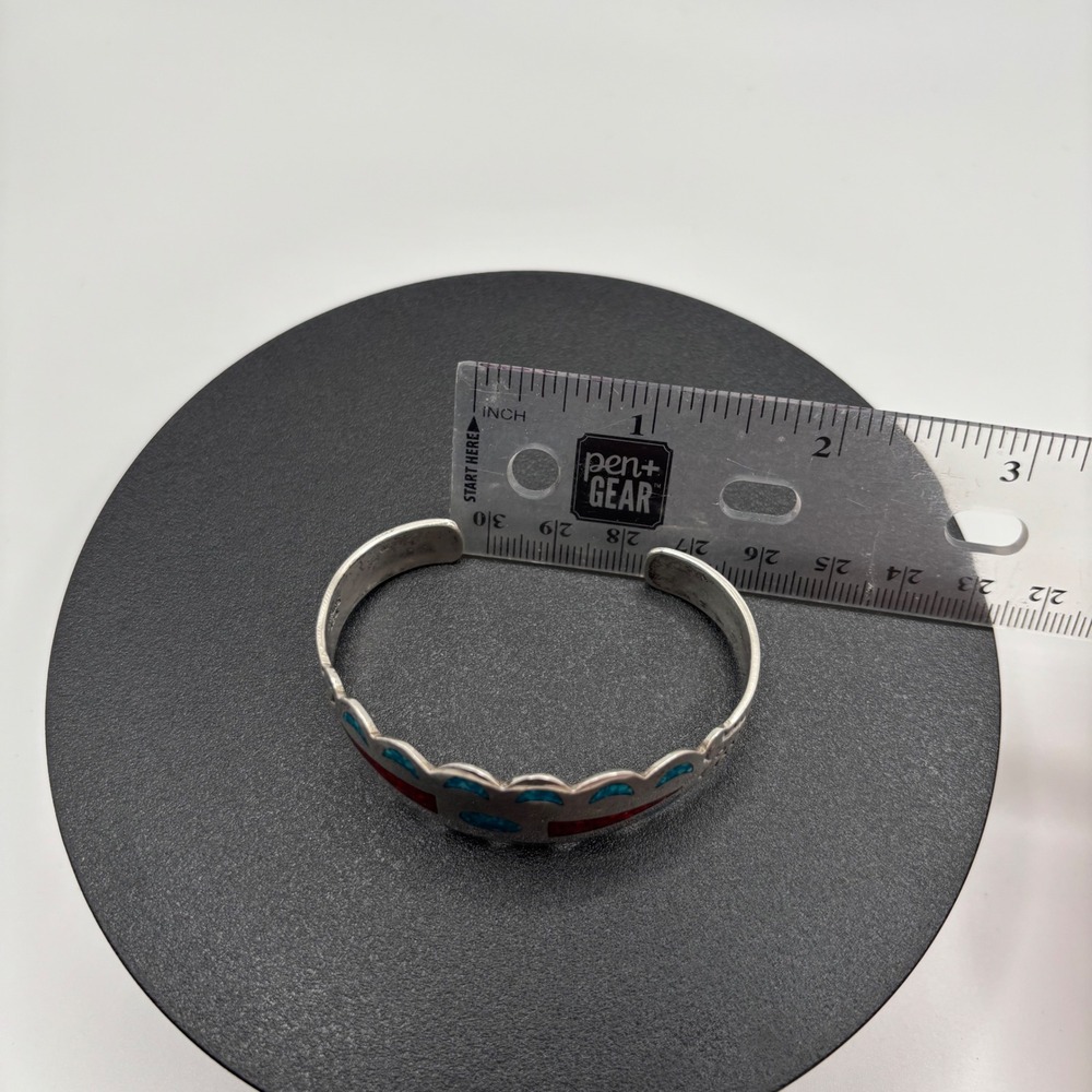 Vintage 1970's Sterling 925 Cuff Bracelet Silver Turquoise Coral Inlay Native - Picture 7 of 7